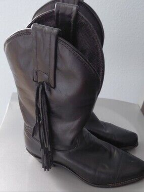VTG  Leather Fringe  Cowboy Boho Chic Boots Sz 7M Black Heeled USA